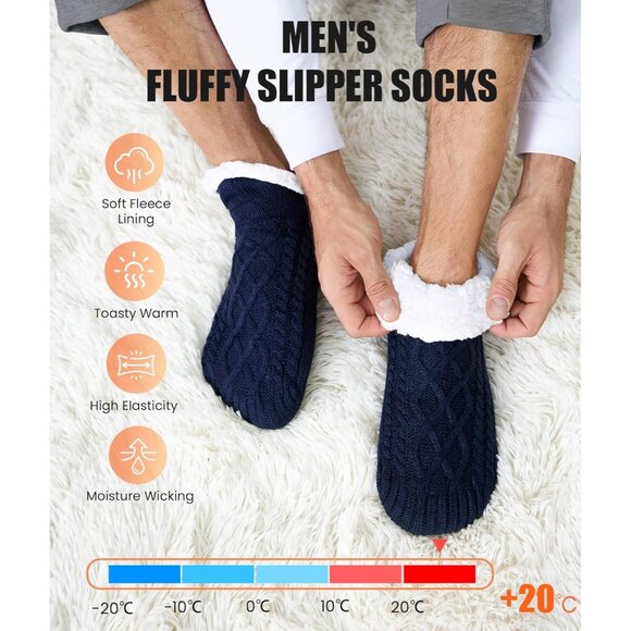 Men's Slipper Blue Socks with Grippers Fuzzy Thermal Winter Non-Slip Cozy Fleece - Picture 2 of 6